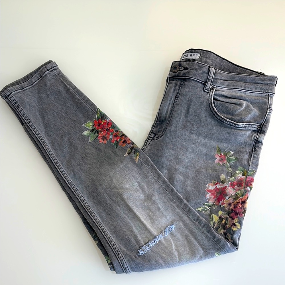Zara Denim Collection Flower Printed Jeans